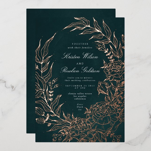 Rose Gold Flower Wreath Emerald Green Wedding Foil Invitation | Zazzle