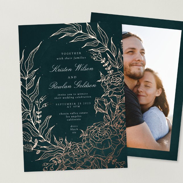 Rose Gold Flower Wreath Emerald Photo Wedding Foil Invitation (Creator Uploaded)