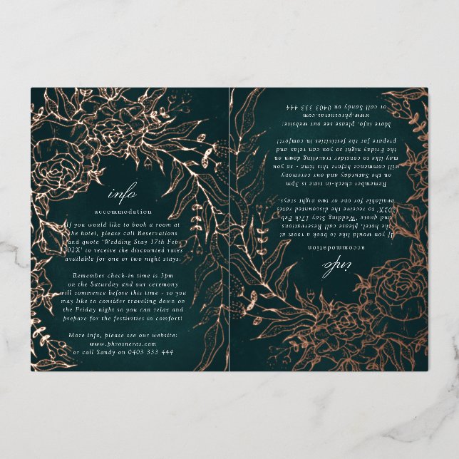 Rose Gold Flower Wreath Emerald TWO Foil Info Card (Front)