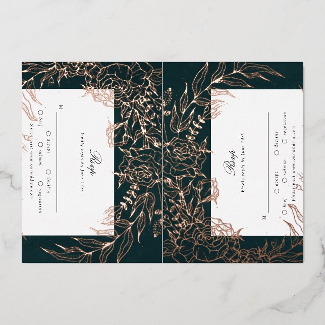 Rose Gold Flower Wreath Emerald TWO Foil RSVP Card (Front)