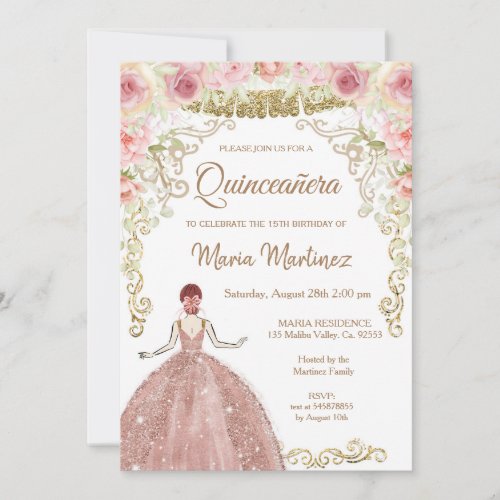 Rose Gold Flowers and Gold Glitters Quinceanera  Invitation