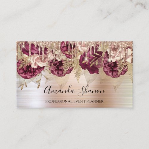 Rose Gold Flowers Brushed Drip QR CODE Logo Business Card