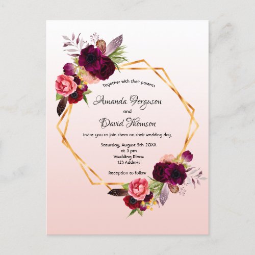 Rose gold flowers burgundy wedding invitation postcard