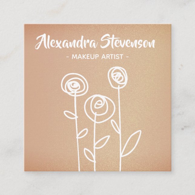Rose Gold Flowers Easy Drawing Square Business Card (Front)