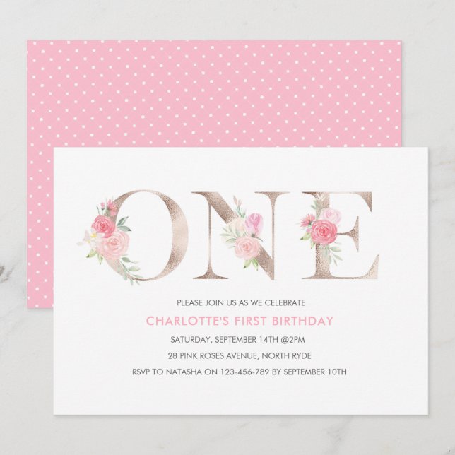 Rose gold flowers first Birthday Invitation (Front/Back)