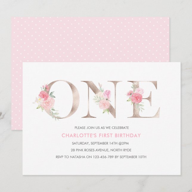 Rose gold flowers first Birthday Invitation (Front/Back)