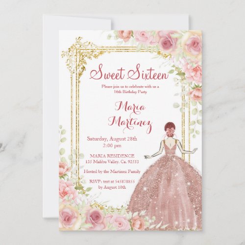 Rose Gold Flowers Gold Glitter Blush Pink Sweet 16 Invitation