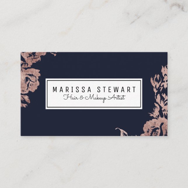 Rose Gold Flowers Navy Blue Appointment Card (Front)