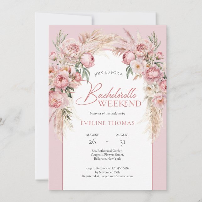 Rose gold flowers pampas grass boho arch invitation (Front)