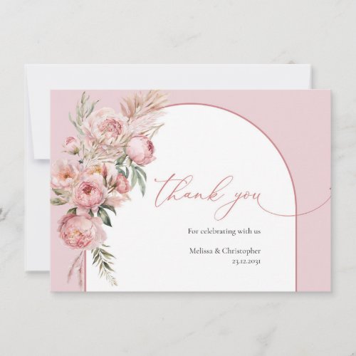 Rose gold flowers pampas grass boho arch thank you card
