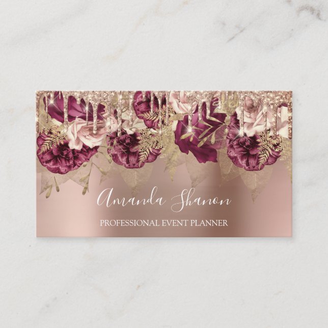 Rose Gold Flowers Powder Drip QR CODE Logo  Business Card (Front)