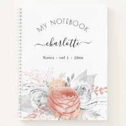 Rose gold flowers silver foliage name script notebook