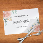 Rose gold flowers wedding paper placemat<br><div class="desc">A paper placemat,  placemats for a wedding. A white background.  Decorated with rose gold flowers and eucalyptus greenery.  Personalize and add the wedding date and your names.</div>