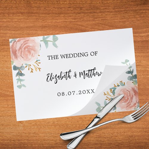 Rose gold flowers wedding paper placemat