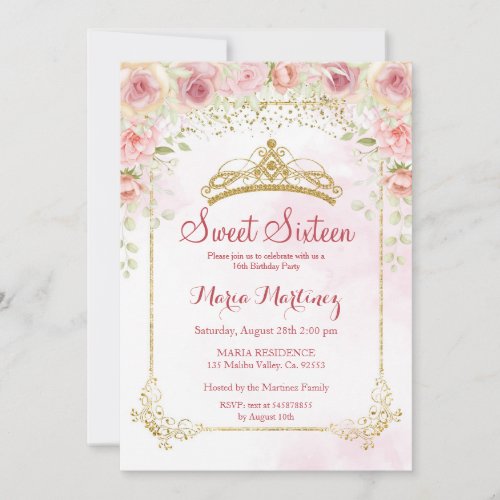 Rose Gold Flowers With Gold Glitter Sweet 16  Invitation