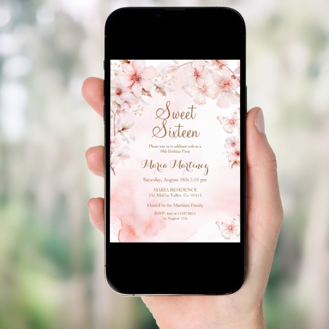 Rose Gold Flowers With Gold Glitter Sweet 16  Invitation (Front Digital)