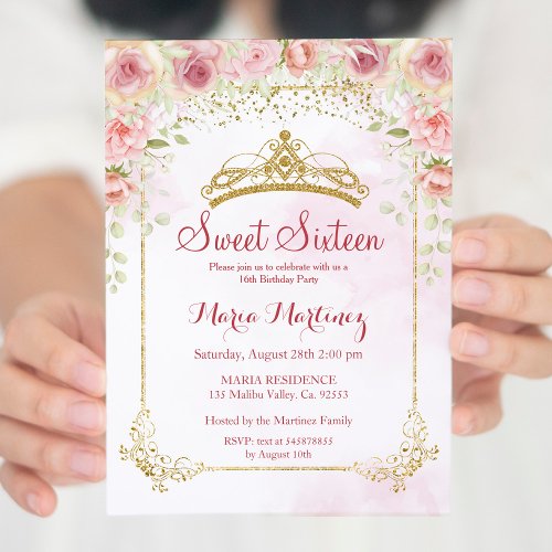 Rose Gold Flowers With Gold Glitter Sweet 16  Invitation