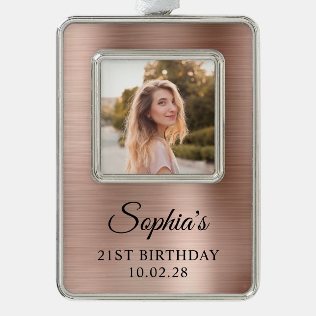 Rose Gold Foil 21st Birthday Photo Christmas Ornament (Front)