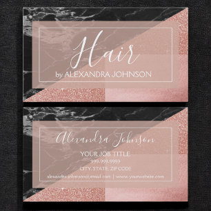 Rose Gold Foil and Black Marble Hair Stylist Business Card