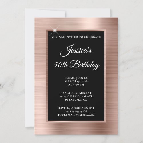 Rose Gold Foil and Black Overlay 50th Birthday Invitation