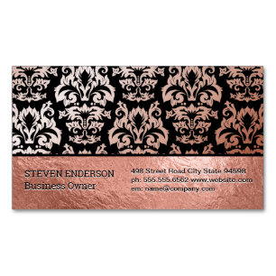 Rose Gold Foil and Damask Pattern Business Card Magnet