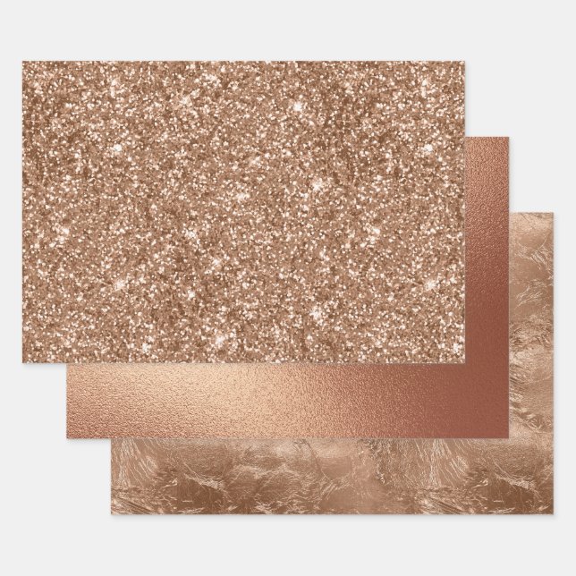 Rose Gold Foil and Glitter Pattern Wrapping Paper Sheets (Set)