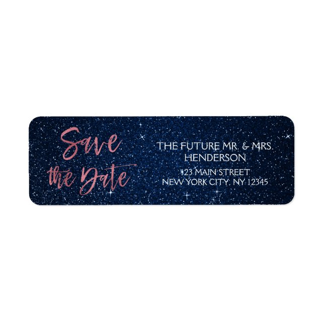 Rose Gold Foil and Navy Blue Save the Date Label (Front)
