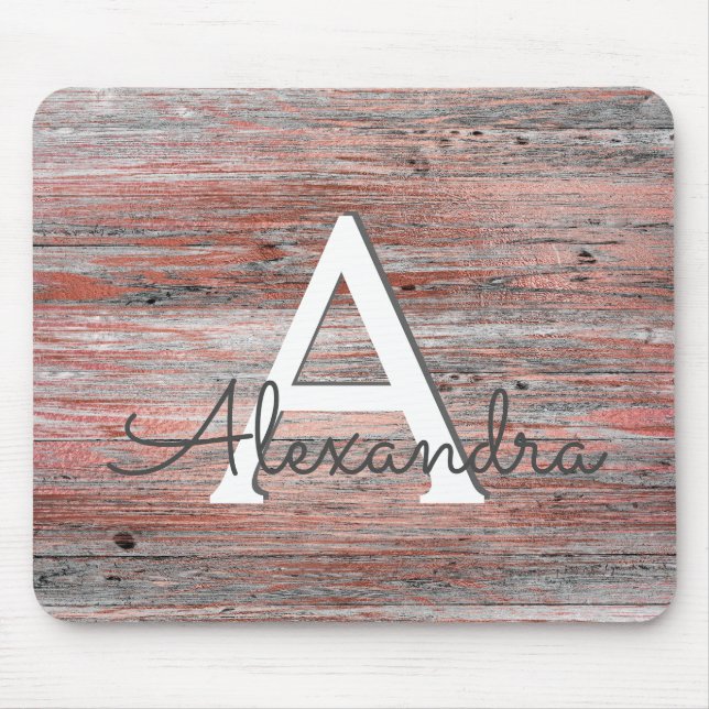 Rose Gold Foil and Rustic Wood Monogram Mouse Pad (Front)