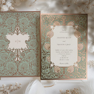Rose Gold Foil and Sage Baroque Wedding Foil Invitation