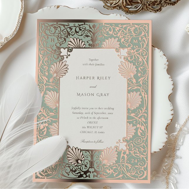 Rose Gold Foil and Sage Baroque Wedding Invitation (Creator Uploaded)