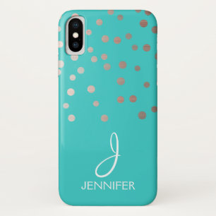Rose Gold Foil and Teal Confetti Monogram iPhone X Case