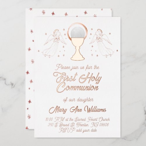 rose gold foil angels  First Communion Foil Invitation