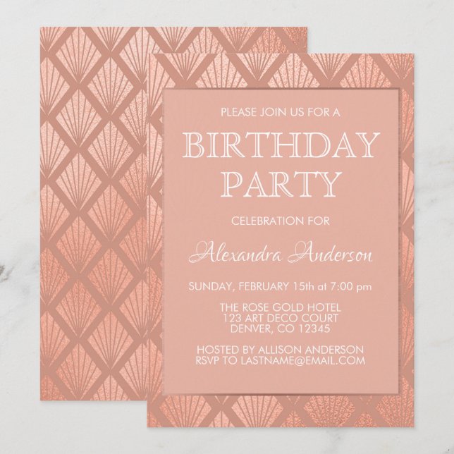 Rose Gold Foil Art Deco Birthday Party Invitation (Front/Back)