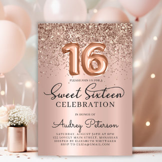 Rose Gold Foil Balloon Glitter Sweet 16th Birthday Invitation
