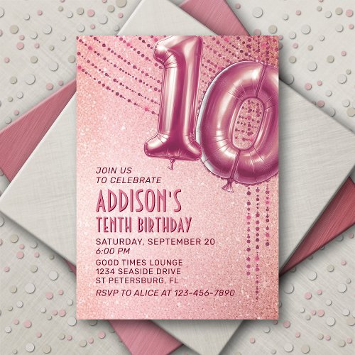 Rose Gold Foil Balloons 10th Birthday Invitation