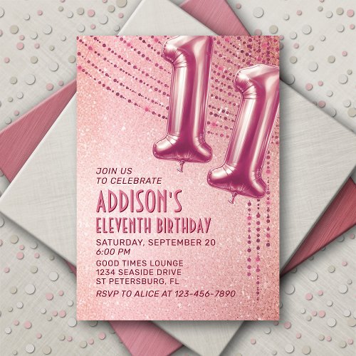 Rose Gold Foil Balloons 11th Birthday Invitation