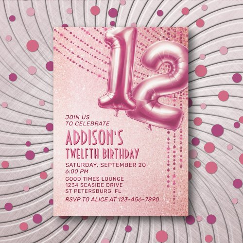 Rose Gold Foil Balloons 12th Birthday Invitation