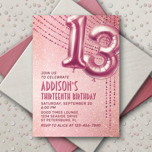 Rose Gold Foil Balloons 13th Birthday Invitation