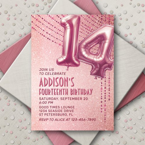 Rose Gold Foil Balloons 14th Birthday Invitation