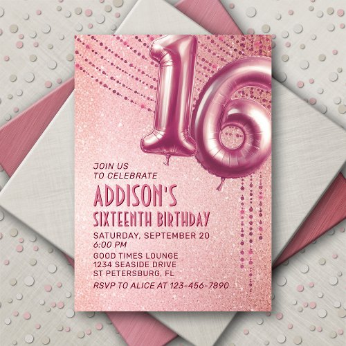 Rose Gold Foil Balloons 16th Birthday Invitation