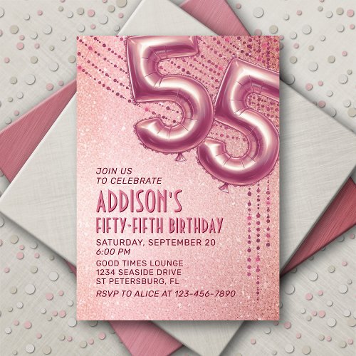 Rose Gold Foil Balloons 55th Birthday Invitation