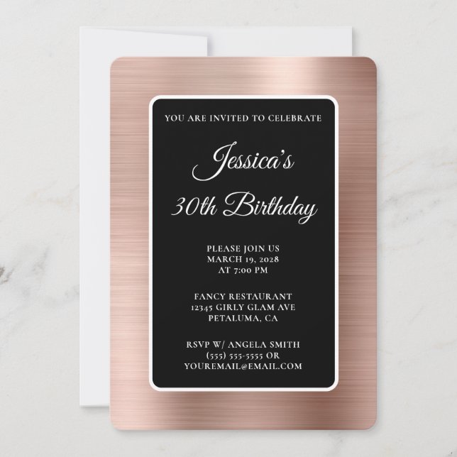 Rose Gold Foil Black and White 30th Birthday Invitation (Front)