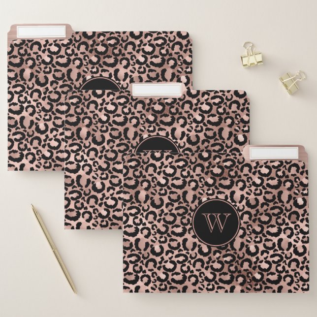 Rose Gold Foil Black Leopard Spots Monogram File Folder (Set)