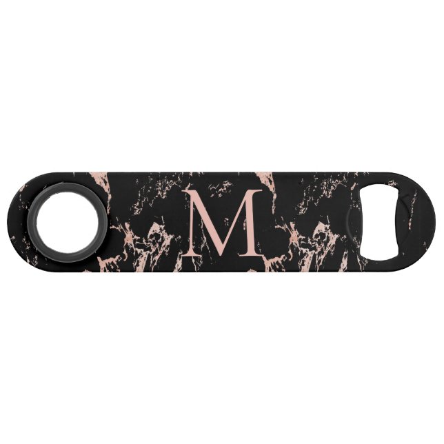 Rose Gold Foil Black Marble Monogram Bar Key (Front (Horizontal))