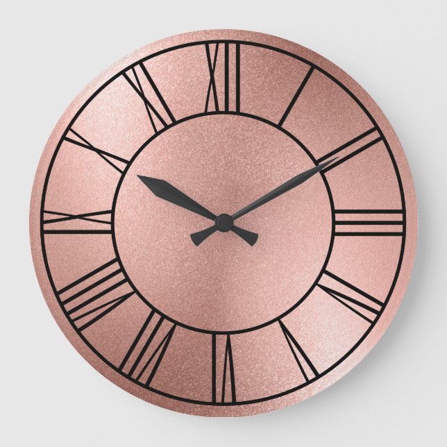 Rose Gold Foil Black Roman Numerals Large Clock (Front)