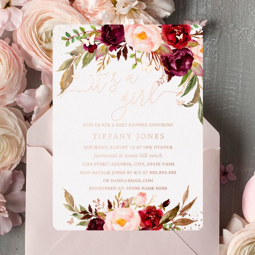 ROSE GOLD FOIL Blush Burgundy Floral Baby Shower  Foil Invitation