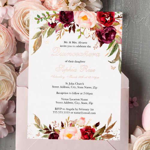 Rose Gold FOIL Blush Burgundy Floral Quinceanera Foil Invitation