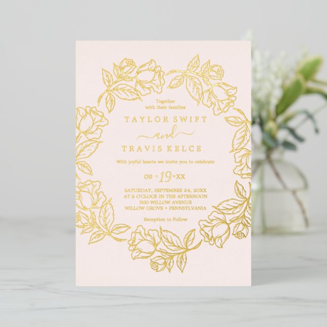 Rose Gold Foil Blush Floral Wedding  Foil Invitation (Standing Front)