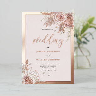 Rose Gold Foil Blush Floral With Border Wedding Invitation