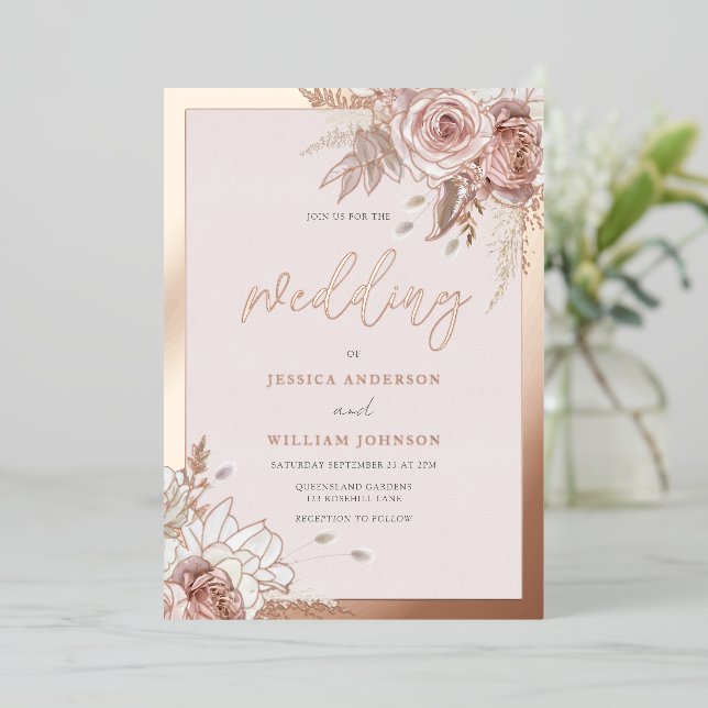 Rose Gold Foil Blush Floral With Border Wedding Invitation (Standing Front)
